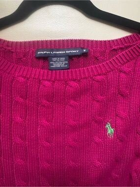 Ralph Lauren Sport Fuchsia Pink Boatneck Cable Knit Sweater 100% Cotton Med EUC